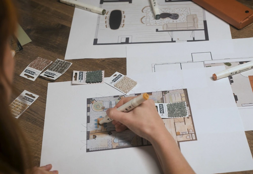 Interieurontwerp met plattegrond, kleurstalen en materiaalstalen